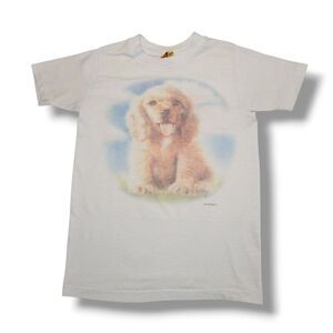 Vintage 80s Single Stitch White Puppy Dog Print T-Shirt Tee Kids Youth Medium